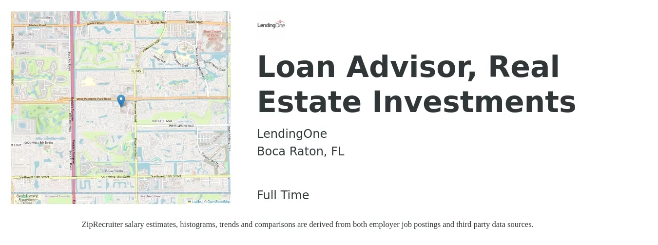 LendingOne job posting for a Loan Advisor, Real Estate Investments in Boca Raton, FL with a salary of $41,800 to $70,700 Yearly with a map of Boca Raton location.