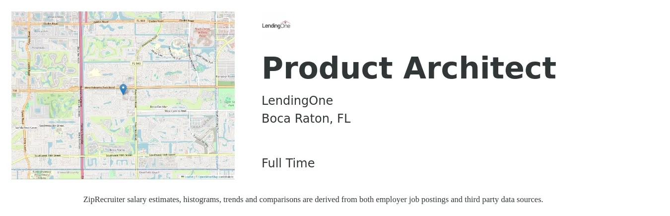 LendingOne job posting for a Product Architect in Boca Raton, FL with a salary of $158,500 to $189,800 Yearly with a map of Boca Raton location.
