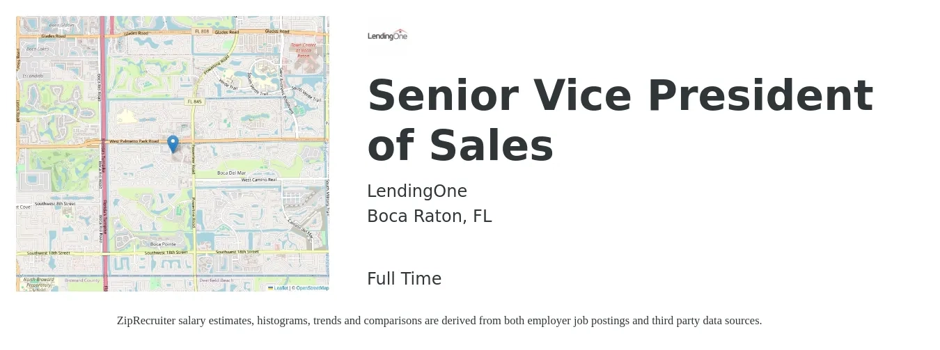 LendingOne job posting for a Senior Vice President of Sales in Boca Raton, FL with a salary of $118,600 to $185,000 Yearly with a map of Boca Raton location.