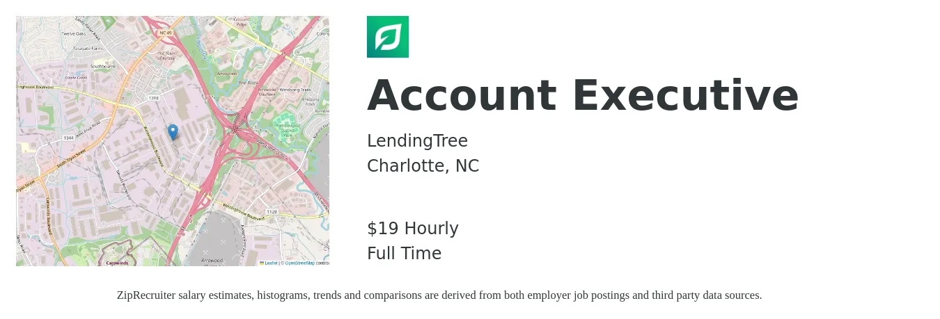 LendingTree job posting for a Account Executive in Charlotte, NC with a salary of $52,700 to $92,800 Yearly with a map of Charlotte location.