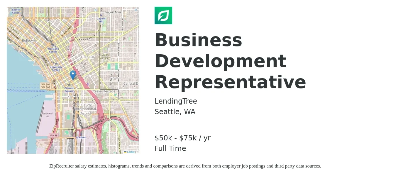 LendingTree job posting for a Business Development Representative in Seattle, WA with a salary of $50,000 to $75,000 Yearly with a map of Seattle location.