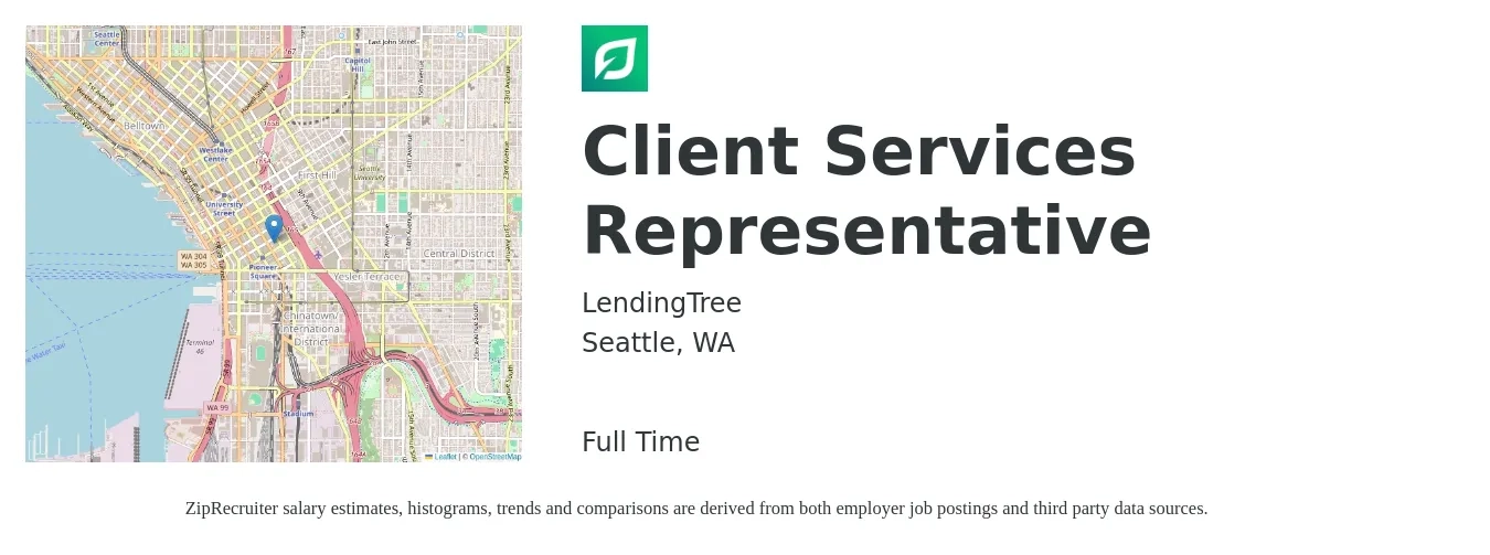 LendingTree job posting for a Client Services Representative in Seattle, WA with a salary of $20 Hourly with a map of Seattle location.