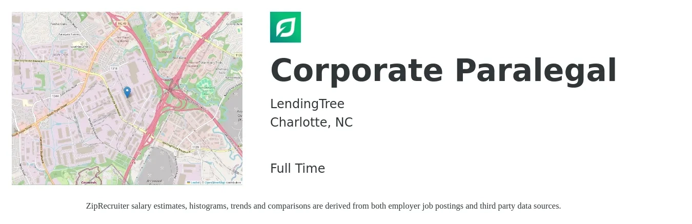 LendingTree job posting for a Corporate Paralegal in Charlotte, NC with a salary of $69,300 to $92,800 Yearly with a map of Charlotte location.