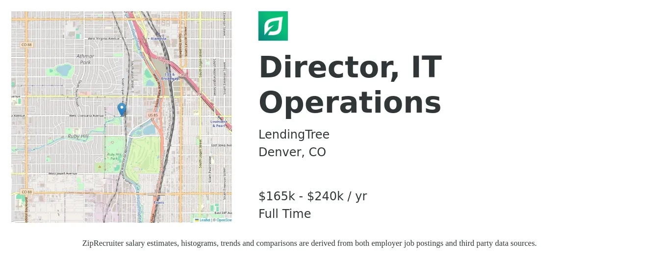 LendingTree job posting for a Director, IT Operations in Denver, CO with a salary of $165,000 to $240,000 Yearly with a map of Denver location.