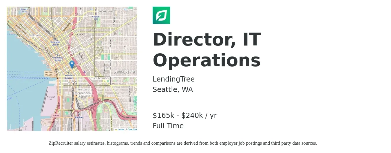 LendingTree job posting for a Director, IT Operations in Seattle, WA with a salary of $165,000 to $240,000 Yearly with a map of Seattle location.
