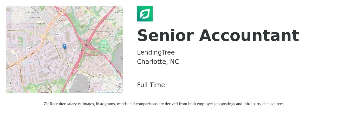 LendingTree job posting for a Senior Accountant in Charlotte, NC with a salary of $72,300 to $90,800 Yearly with a map of Charlotte location.
