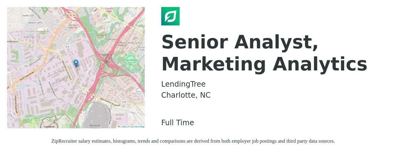 LendingTree job posting for a Senior Analyst, Marketing Analytics in Charlotte, NC with a salary of $100,100 to $123,600 Yearly with a map of Charlotte location.