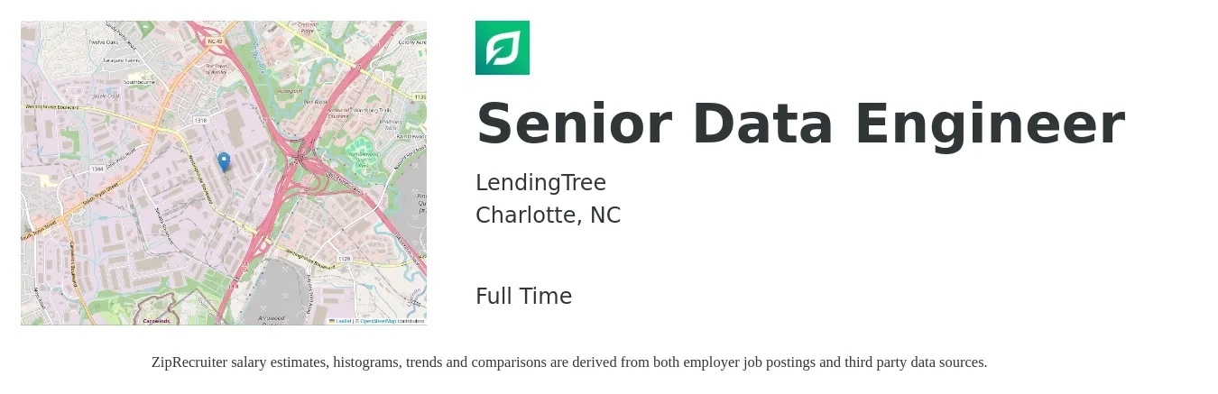LendingTree job posting for a Senior Data Engineer in Charlotte, NC with a salary of $103,500 to $140,600 Yearly with a map of Charlotte location.