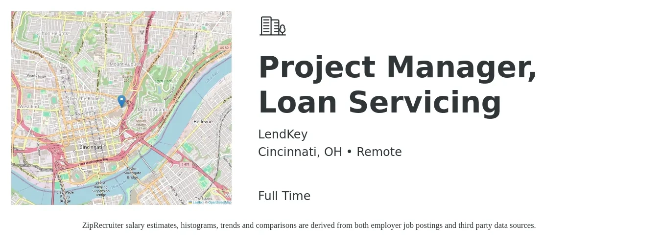 LendKey job posting for a Project Manager, Loan Servicing in Cincinnati, OH with a salary of $19 to $29 Hourly with a map of Cincinnati location.