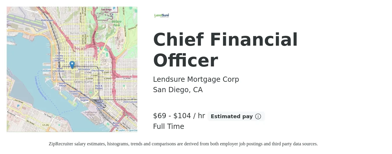 Lendsure Mortgage Corp job posting for a Chief Financial Officer in San Diego, CA with a salary of $150,000 to $225,000 Yearly with a map of San Diego location.