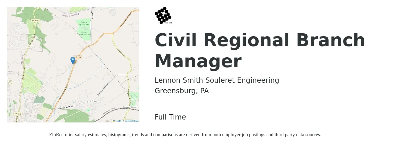Lennon Smith Souleret Engineering job posting for a Civil Regional Branch Manager in Greensburg, PA with a salary of $65,200 to $93,700 Yearly with a map of Greensburg location.