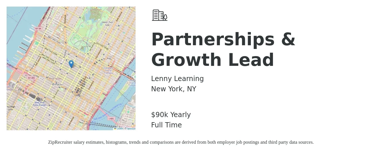 Lenny Learning job posting for a Partnerships & Growth Lead in New York, NY with a salary of $90,000 Yearly with a map of New York location.