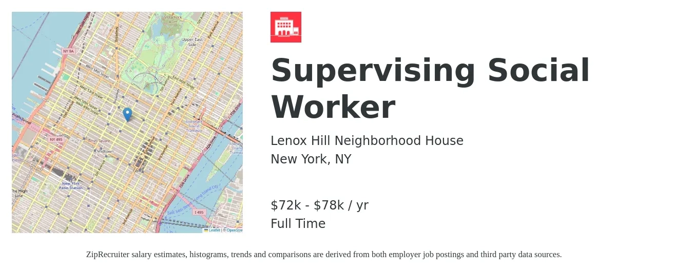 Lenox Hill Neighborhood House job posting for a Supervising Social Worker in New York, NY with a salary of $72,000 to $78,000 Yearly with a map of New York location.