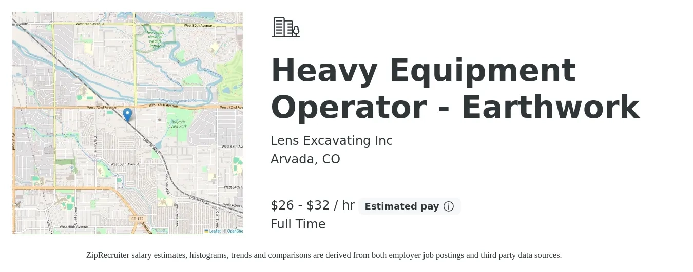 Lens Excavating Inc job posting for a Heavy Equipment Operator - Earthwork in Arvada, CO with a salary of $28 to $34 Hourly with a map of Arvada location.