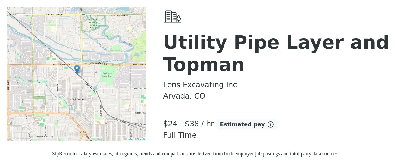 Lens Excavating Inc job posting for a Utility Pipe Layer and Topman in Arvada, CO with a salary of $25 to $40 Hourly with a map of Arvada location.