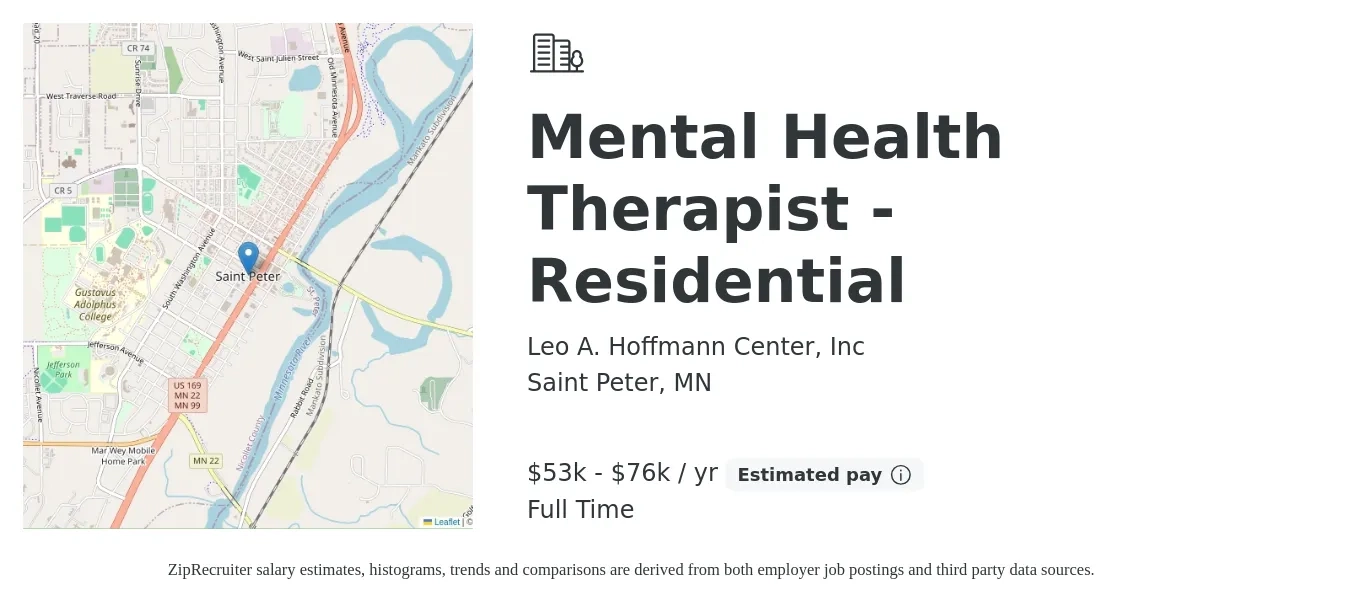 Leo A. Hoffmann Center, Inc job posting for a Mental Health Therapist - Residential in Saint Peter, MN with a salary of $53,000 to $76,000 Yearly with a map of Saint Peter location.