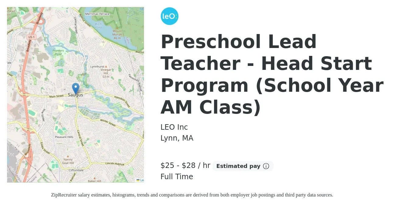 LEO Inc job posting for a Preschool Lead Teacher - Head Start Program (School Year AM Class) in Lynn, MA with a salary of $27 to $30 Hourly with a map of Lynn location.