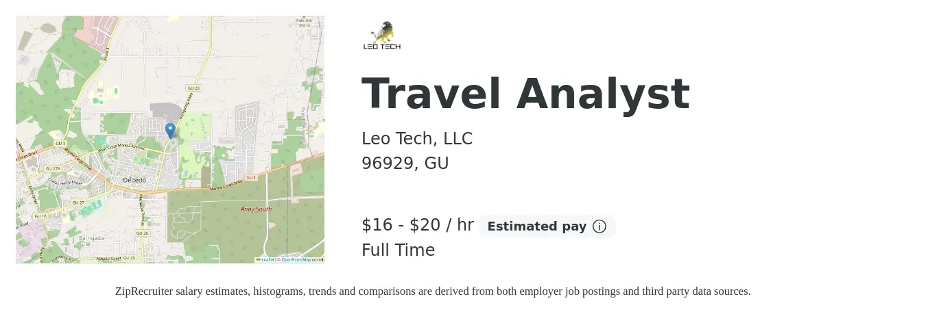 Leo Tech, LLC job posting for a Travel Analyst in 96929, GU with a salary of $17 to $21 Hourly with a map of 96929 location.