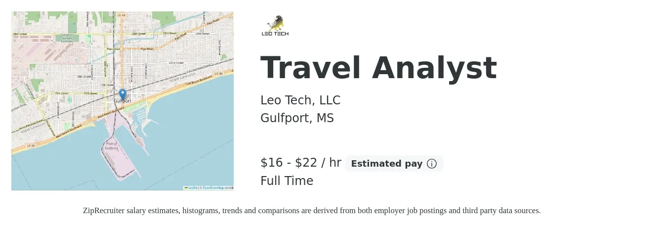 Leo Tech, LLC job posting for a Travel Analyst in Gulfport, MS with a salary of $17 to $23 Hourly with a map of Gulfport location.