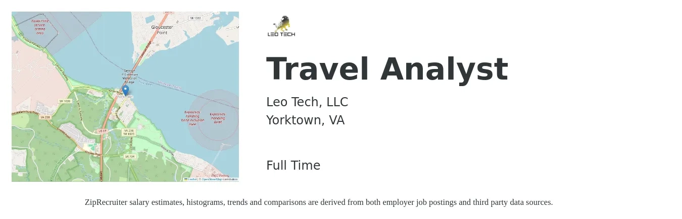 Leo Tech, LLC job posting for a Travel Analyst in Yorktown, VA with a salary of $17 to $29 Hourly with a map of Yorktown location.