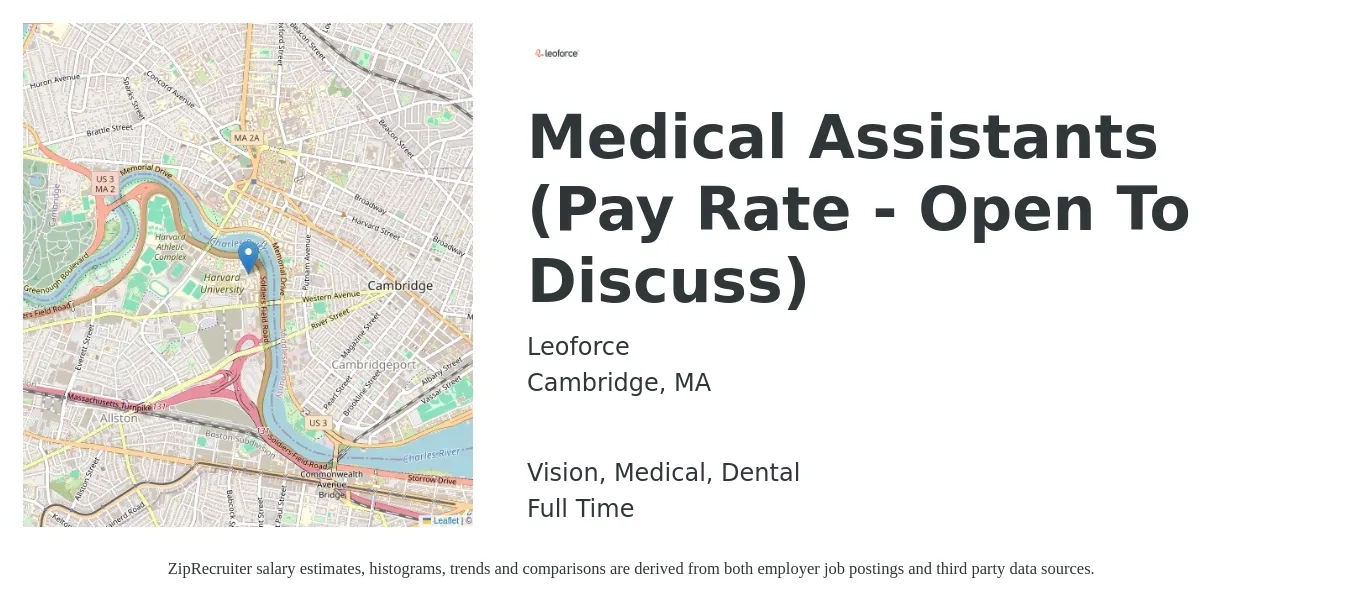 Leoforce job posting for a Medical Assistants (Pay Rate - Open To Discuss) in Cambridge, MA with a salary of $20 to $25 Hourly and benefits including dental, life_insurance, medical, pto, retirement, and vision with a map of Cambridge location.