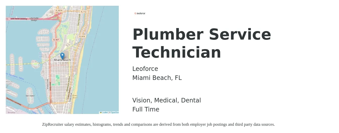 Leoforce job posting for a Plumber Service Technician in Miami Beach, FL with a salary of $26 to $37 Hourly and benefits including medical, pto, retirement, vision, dental, and life_insurance with a map of Miami Beach location.
