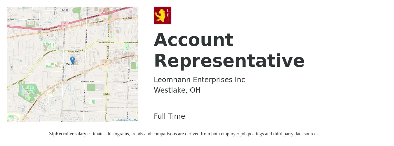 Leomhann Enterprises Inc job posting for a Account Representative in Westlake, OH with a salary of $1,200 to $1,500 Weekly with a map of Westlake location.