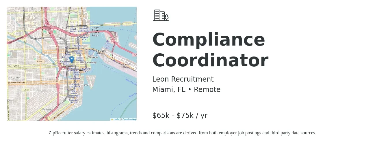 Leon Recruitment job posting for a Compliance Coordinator in Miami, FL with a salary of $65,000 to $75,000 Yearly with a map of Miami location.