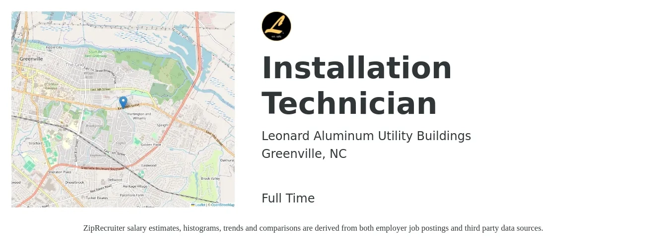 Leonard Aluminum Utility Buildings job posting for a Installation Technician in Greenville, NC with a salary of $20 to $26 Hourly with a map of Greenville location.