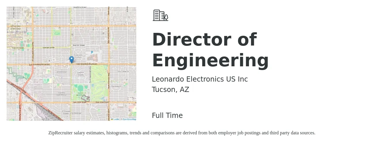 Leonardo Electronics US Inc job posting for a Director of Engineering in Tucson, AZ with a salary of $134,300 to $240,200 Yearly with a map of Tucson location.