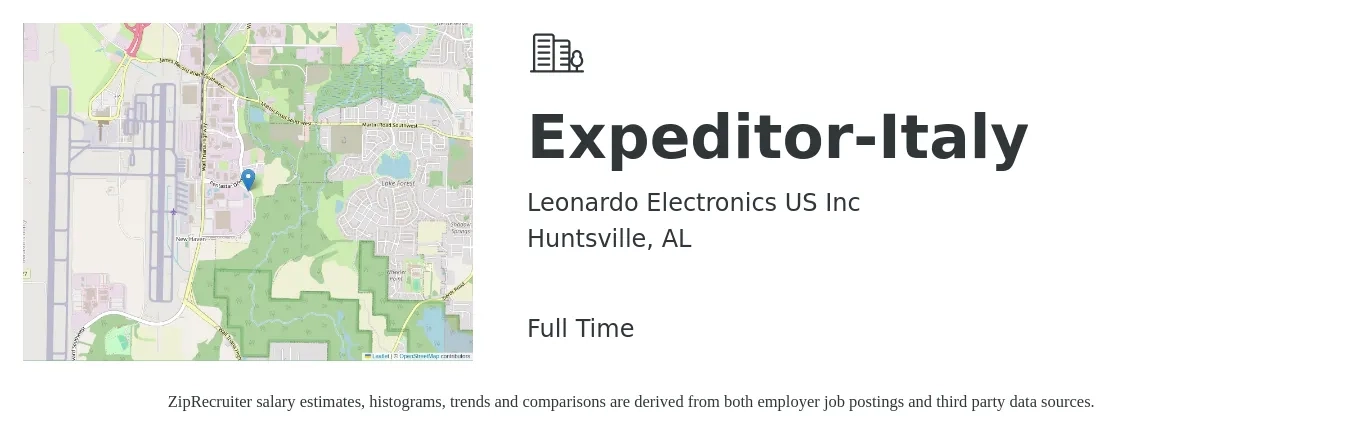 Leonardo Electronics US Inc job posting for a Expeditor-Italy in Huntsville, AL with a salary of $14 to $20 Hourly with a map of Huntsville location.