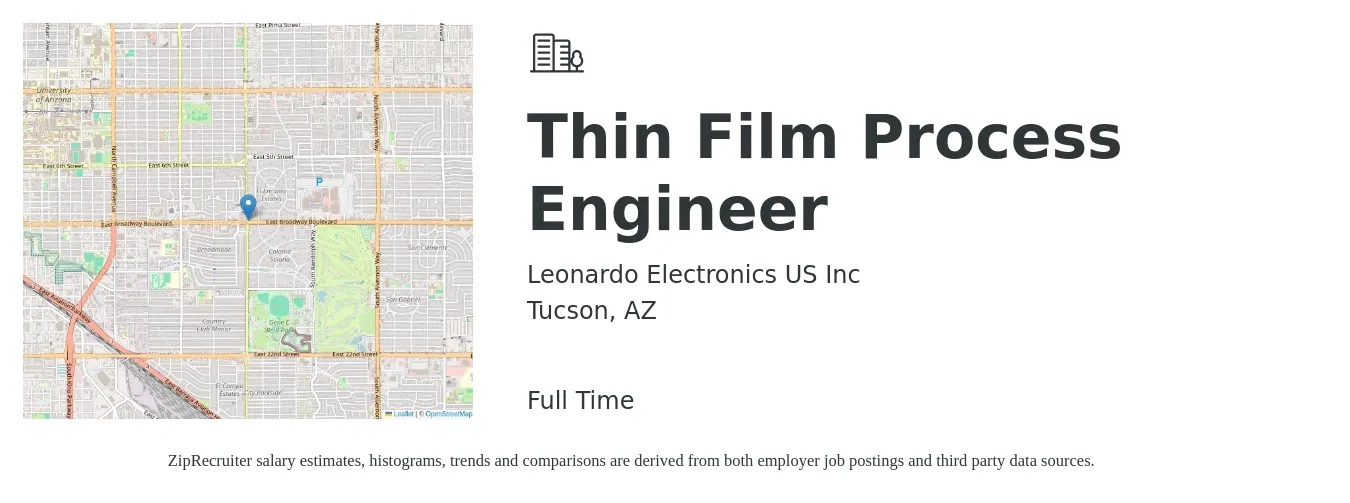 Leonardo Electronics US Inc job posting for a Thin Film Process Engineer in Tucson, AZ with a salary of $70,700 to $97,800 Yearly with a map of Tucson location.