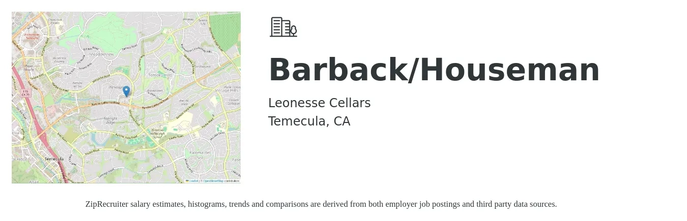 Leonesse Cellars job posting for a Barback/Houseman in Temecula, CA with a salary of $10 to $16 Hourly with a map of Temecula location.