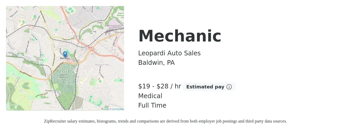 Leopardi Auto Sales job posting for a Mechanic in Baldwin, PA with a salary of $20 to $30 Hourly and benefits including medical with a map of Baldwin location.
