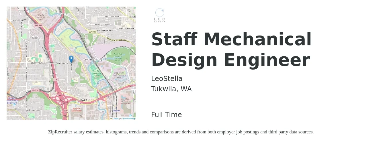LeoStella job posting for a Staff Mechanical Design Engineer in Tukwila, WA with a salary of $130 Hourly with a map of Tukwila location.