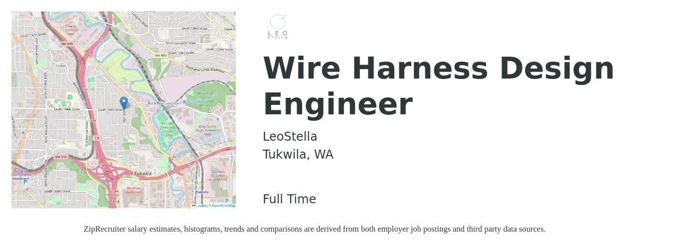LeoStella job posting for a Wire Harness Design Engineer in Tukwila, WA with a salary of $120 Hourly with a map of Tukwila location.