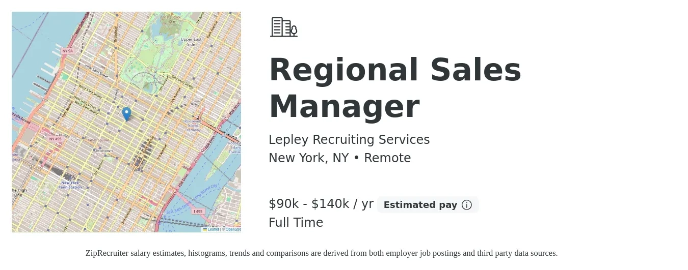 Lepley Recruiting Services job posting for a Regional Sales Manager in New York, NY with a salary of $90,000 to $140,000 Yearly with a map of New York location.
