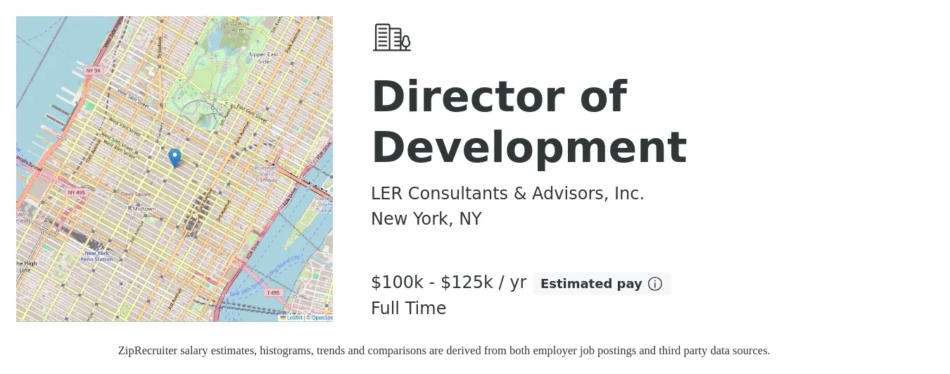 LER Consultants & Advisors, Inc. job posting for a Director of Development in New York, NY with a salary of $100,000 to $125,000 Yearly with a map of New York location.