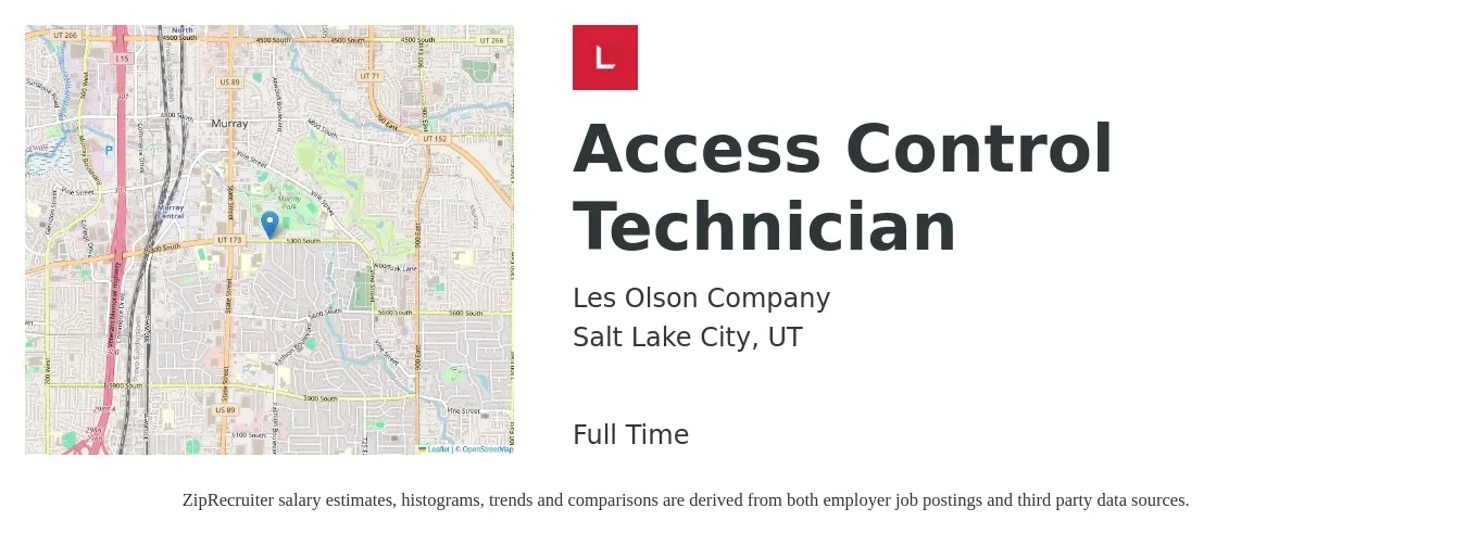 Les Olson Company job posting for a Access Control Technician in Salt Lake City, UT with a salary of $17 to $29 Hourly with a map of Salt Lake City location.
