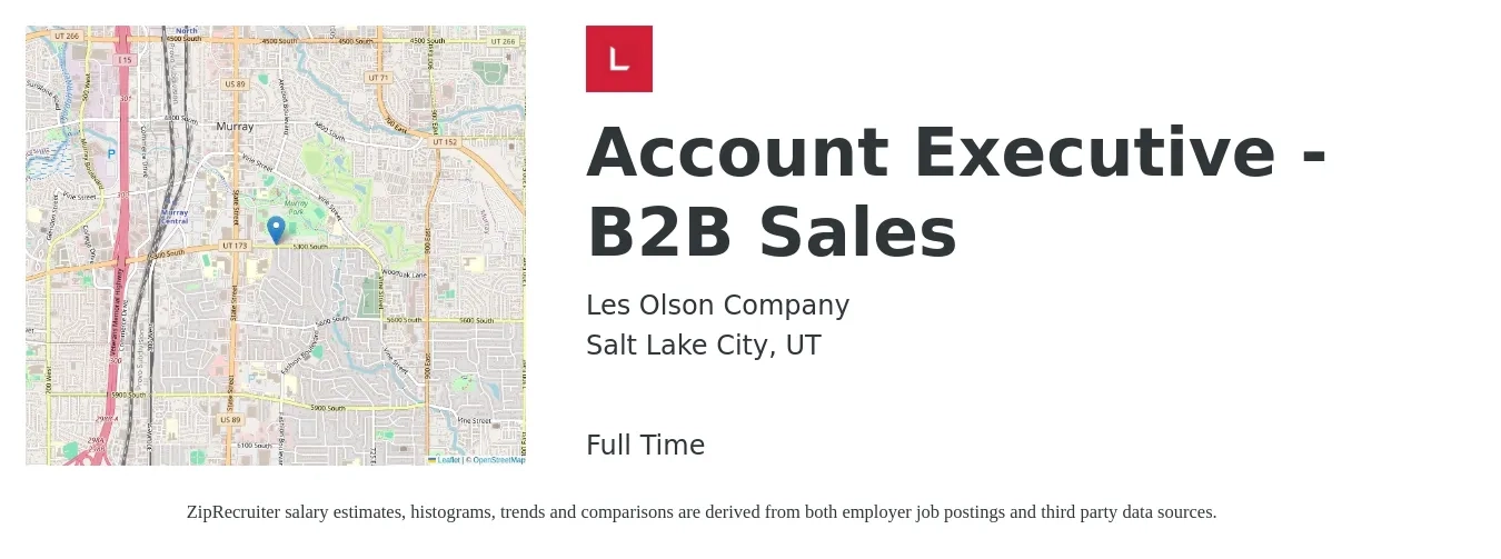 Les Olson Company job posting for a Account Executive - B2B Sales in Salt Lake City, UT with a salary of $45,500 to $66,100 Yearly with a map of Salt Lake City location.