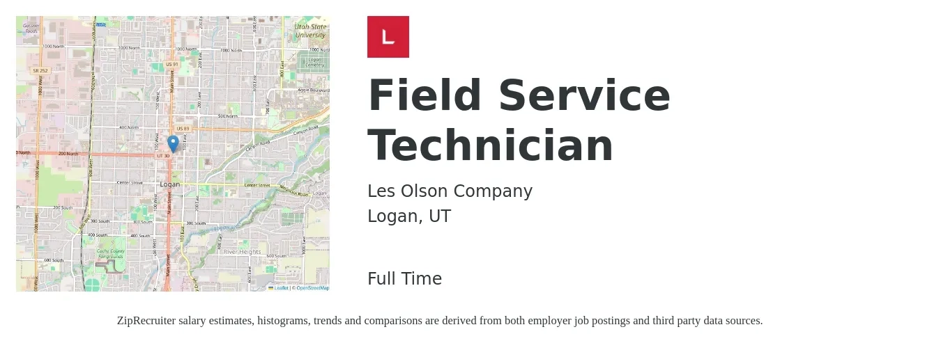 Les Olson Company job posting for a Field Service Technician in Logan, UT with a salary of $17 to $26 Hourly with a map of Logan location.