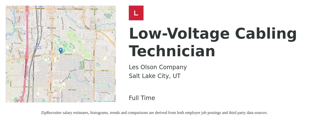 Les Olson Company job posting for a Low-Voltage Cabling Technician in Salt Lake City, UT with a salary of $19 to $26 Hourly with a map of Salt Lake City location.