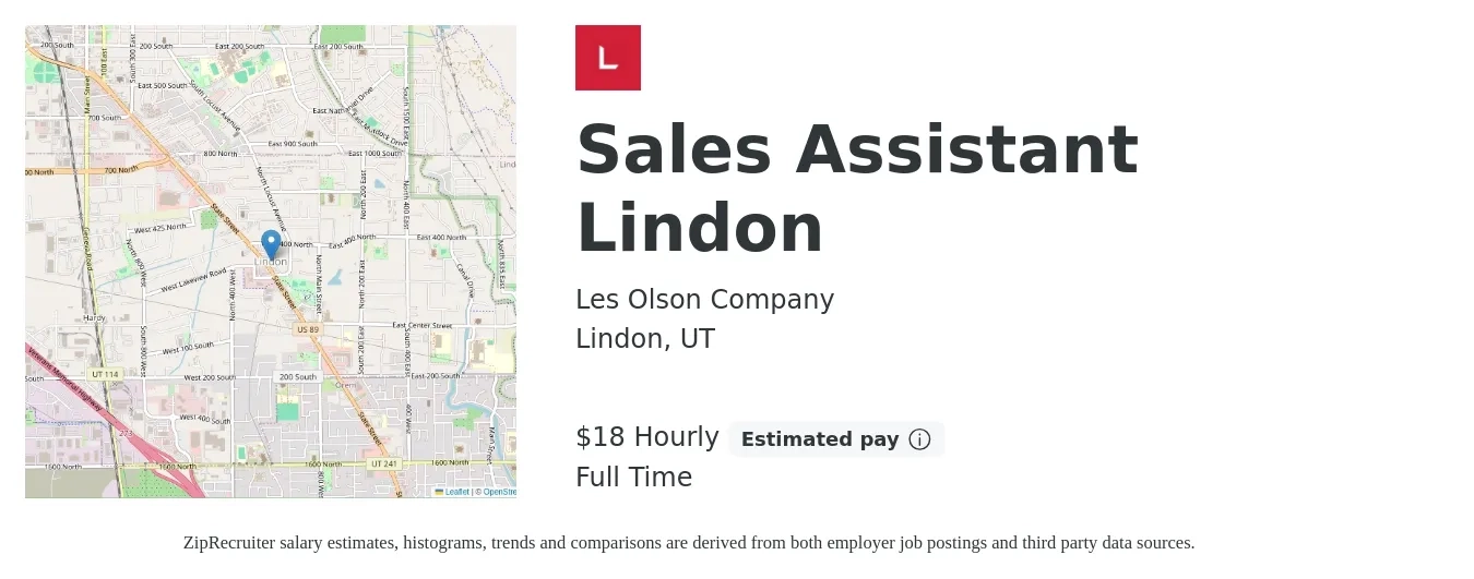 Les Olson Company job posting for a Sales Assistant Lindon in Lindon, UT with a salary of $19 to $19 Hourly with a map of Lindon location.