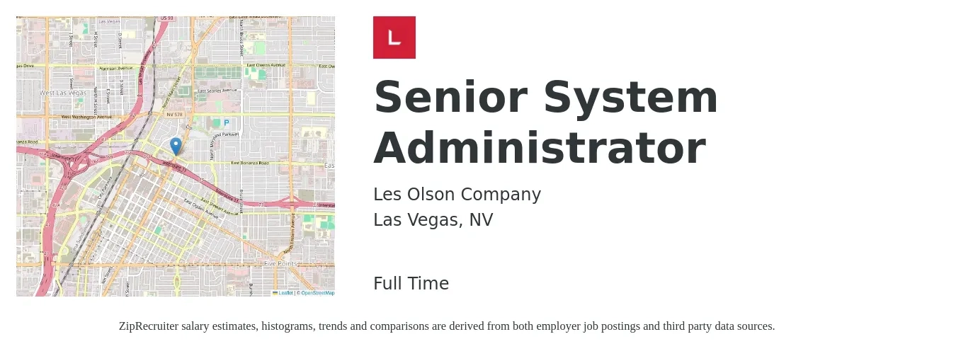 Les Olson Company job posting for a Senior System Administrator in Las Vegas, NV with a salary of $80,900 to $109,500 Yearly with a map of Las Vegas location.