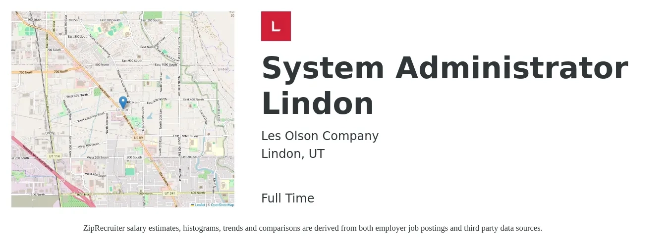Les Olson Company job posting for a System Administrator Lindon in Lindon, UT with a salary of $63,100 to $93,800 Yearly with a map of Lindon location.