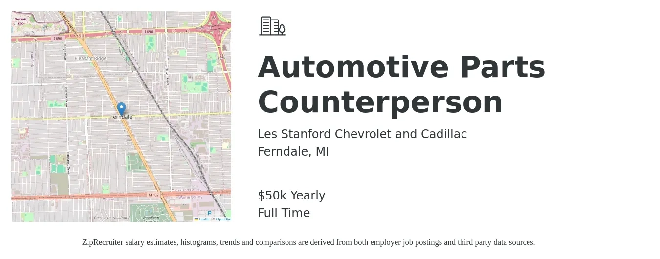 Les Stanford Chevrolet and Cadillac job posting for a Automotive Parts Counterperson in Ferndale, MI with a salary of $50,000 Yearly with a map of Ferndale location.