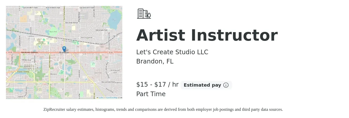 Let's Create Studio LLC job posting for a Artist Instructor in Brandon, FL with a salary of $16 to $18 Hourly with a map of Brandon location.