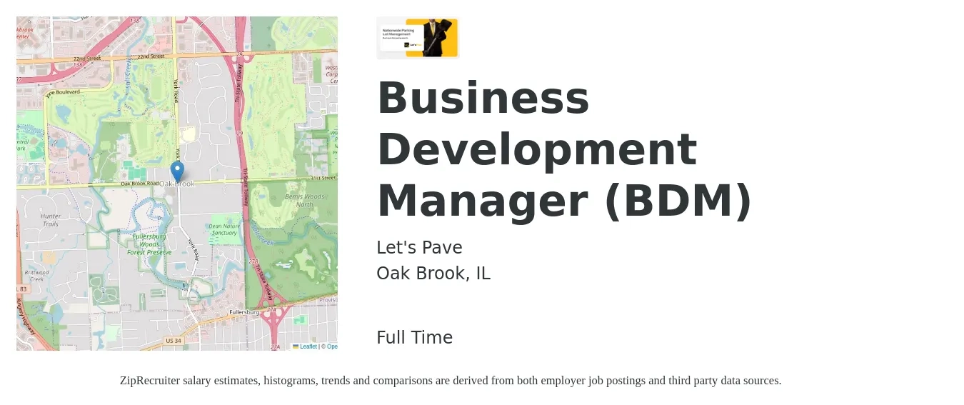 Let's Pave job posting for a Business Development Manager (BDM) in Oak Brook, IL with a salary of $61,600 to $101,000 Yearly with a map of Oak Brook location.
