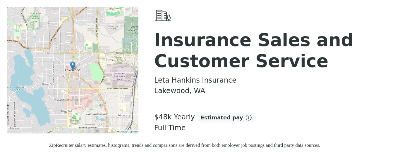 Leta Hankins Insurance job posting for a Insurance Sales and Customer Service in Lakewood, WA with a salary of $48,000 Yearly with a map of Lakewood location.