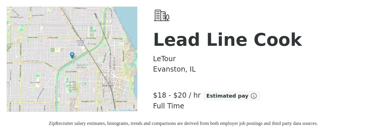 LeTour job posting for a Lead Line Cook in Evanston, IL with a salary of $19 to $21 Hourly with a map of Evanston location.